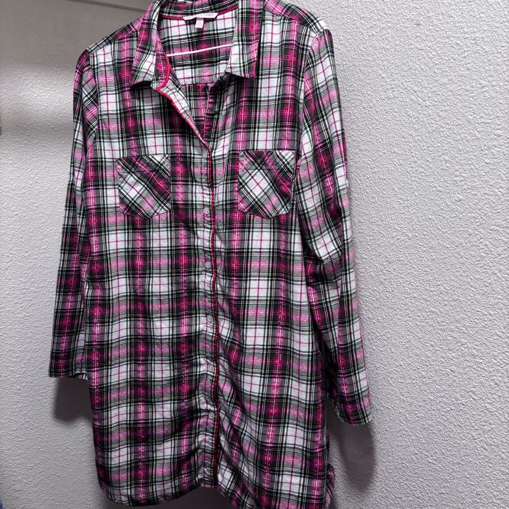 Victoria’s Secret Pajama Dress L Plaid Long Sleeve Button Down Cotton
